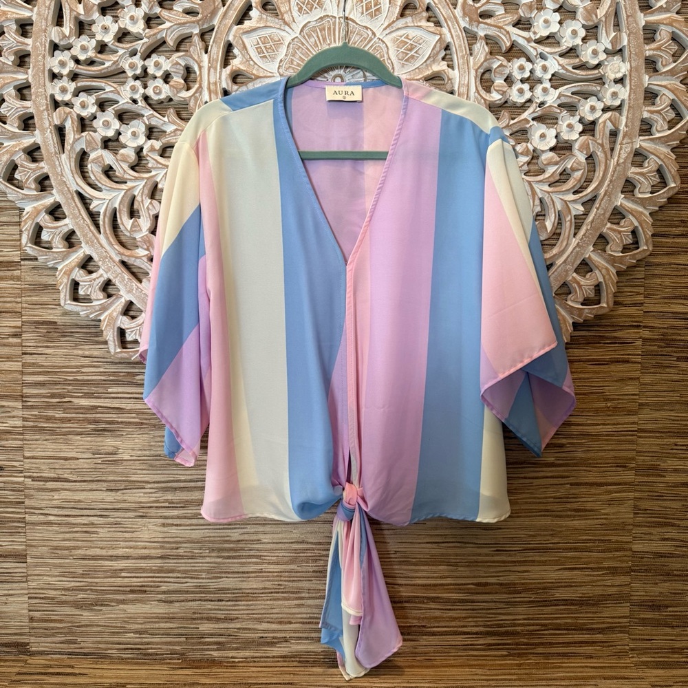 Adrienne Pink and Blue Tie Front Blouse